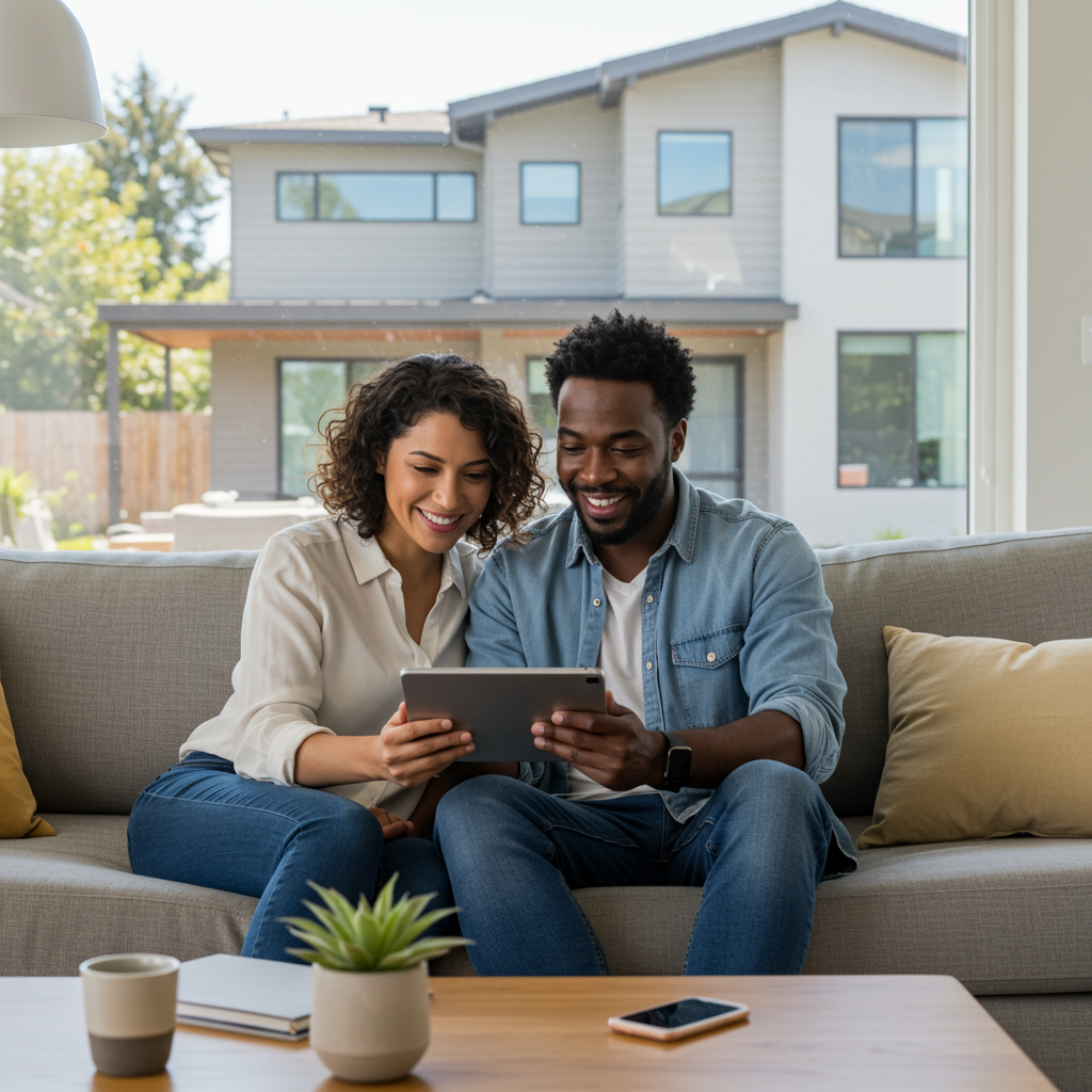 Happy couple reviewing mortgage documents