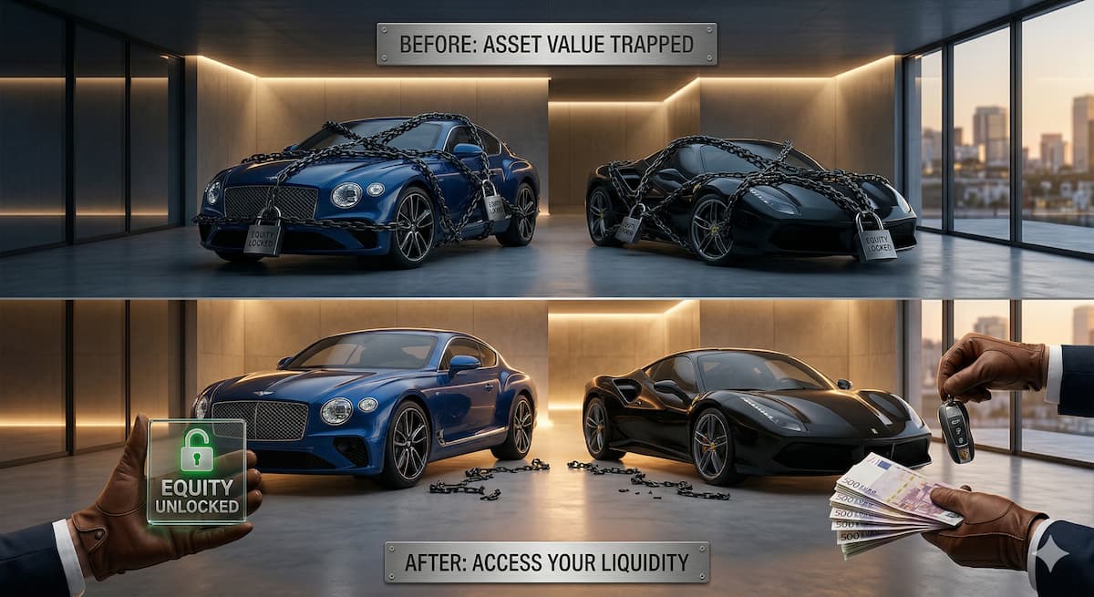 The top is locked by a stylized chain and labeled "EQUITY LOCKED". The bottom shows the chains broken, released cash, and a green unlock icon labeled "EQUITY UNLOCKED" and "YOU KEEP THE KEYS"