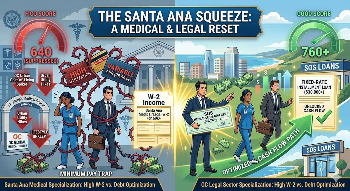 Infographic for Santa Ana pros showing OC Global Medical Center and the Federal Building shadowed by 28% APR debt, freed by a $25,000 SOS Loan and a W-2 Interest Shield