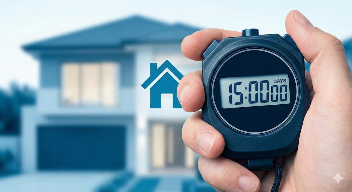Hand holding a stopwatch displaying 15 days next to a house icon, symbolizing the speed of an S.O.S. Loans refinance.