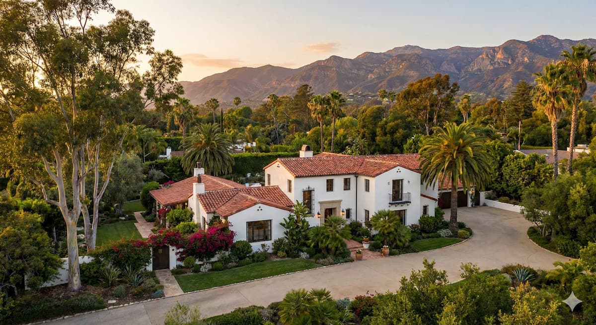 Spanish Colonial estate in Montecito California with Santa Ynez mountains in background