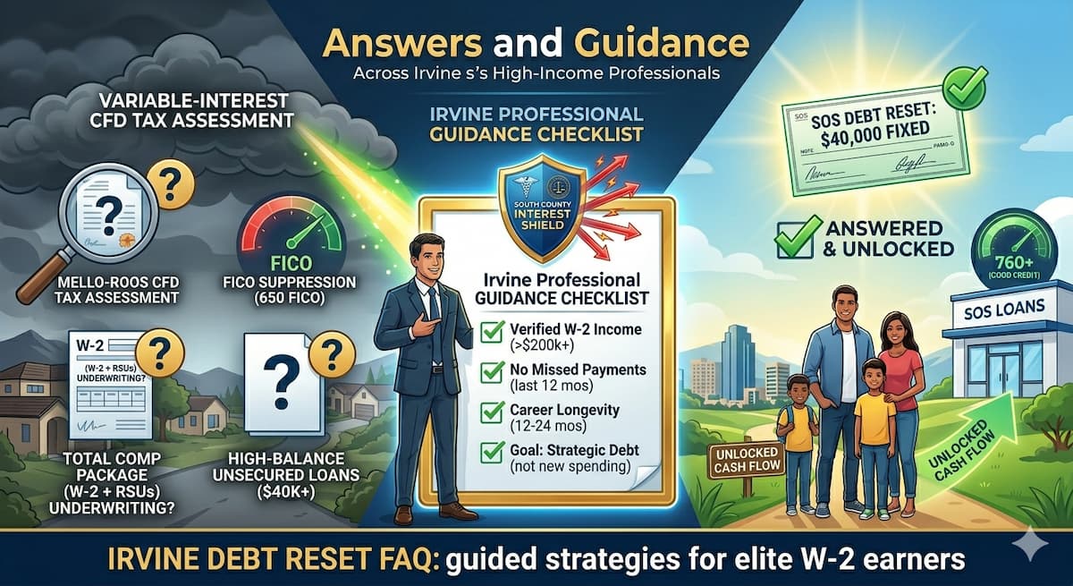 Infographic of guided expert answering Irvine financial FAQ. Includes icons for medical, tech, and FICO questions, leading to a golden $40,000 SOS Loan check.