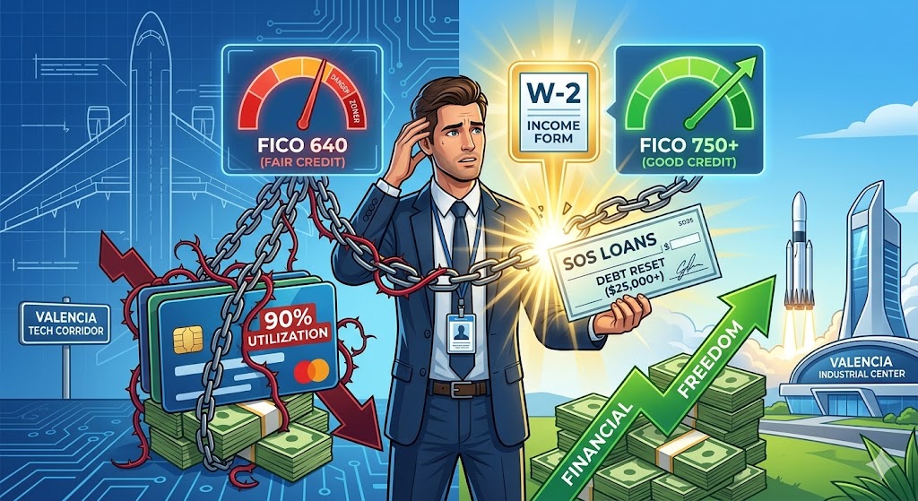 A digital illustration visualizing the "high income / fair credit" paradox for Santa Clarita aerospace and tech professionals. On the left, a credit score dial labeled "640" 