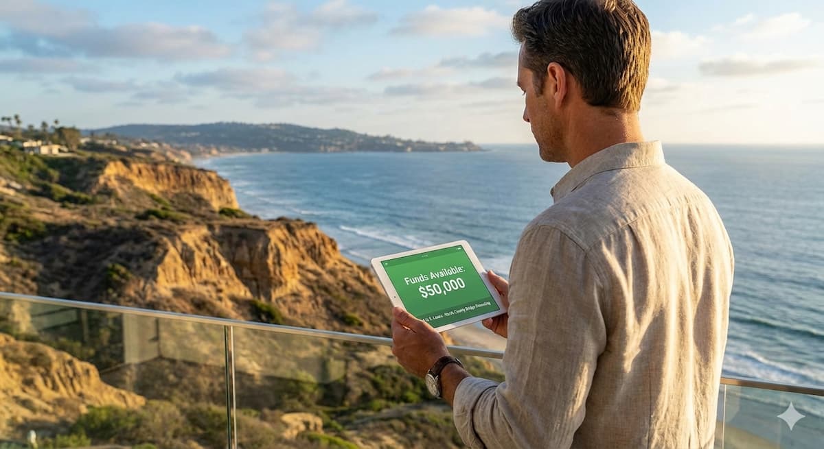 Biotech professional in modern Del Mar home office reviewing personal bridge loan approval on tablet with ocean view background