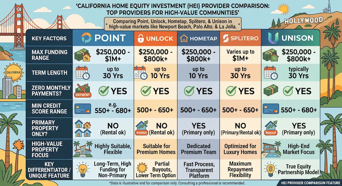 Home equity investment California provider comparison chart comparing Point, Unlock, Hometap, and Splitero