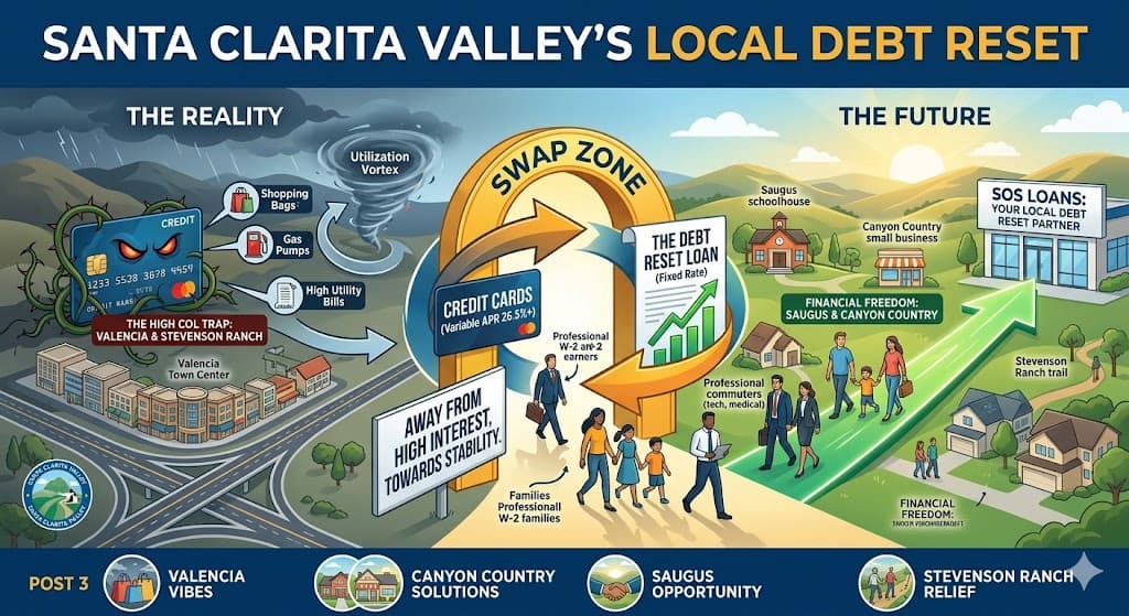 A modern digital infographic illustration showing a geographic transition across the Santa Clarita Valley. On the left, dark, stormy clouds over congested development (Valencia, Stevenson Ranch)