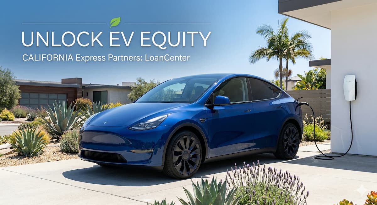 Sleek blue Tesla Model Y charging in a sunlit California driveway for EV Title Loans via LoanCenter Partner.