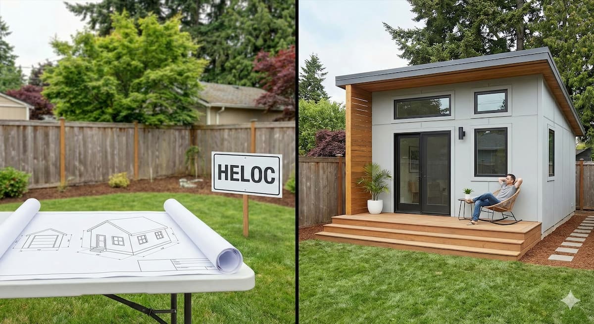 Split image showing a blueprint for a garage conversion on the left and the finished modern ADU (Accessory Dwelling Unit) on the right.