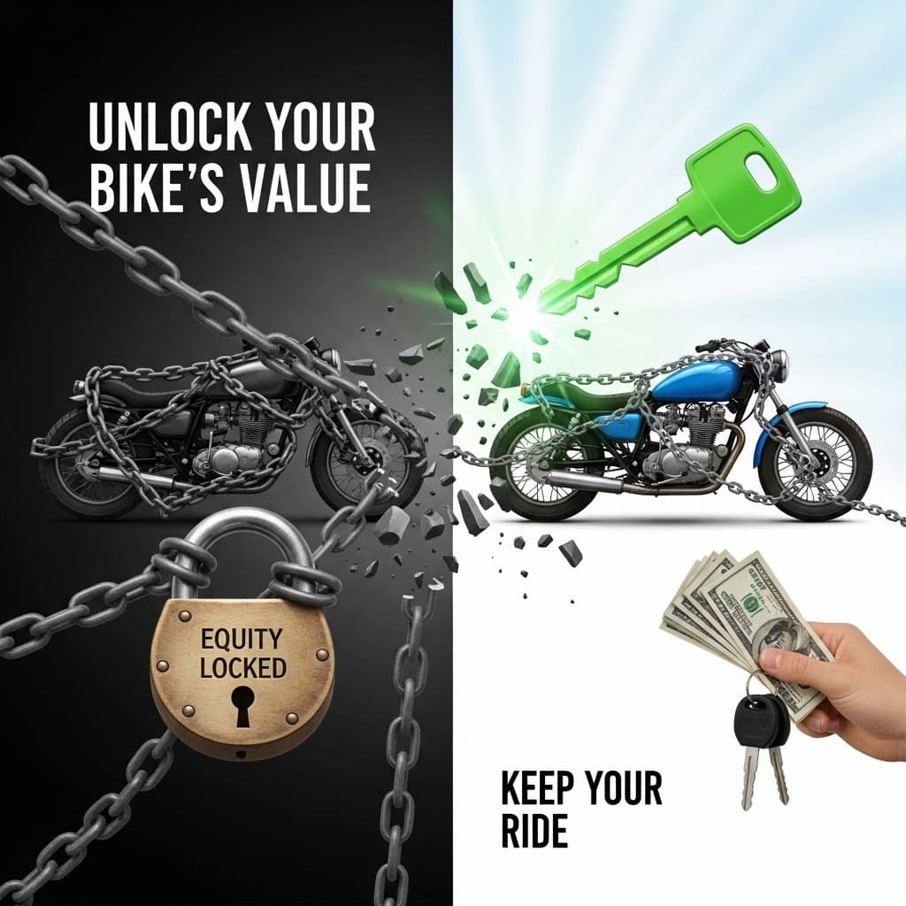 A split-screen infographic. On the left, a motorcycle is wrapped in chains with a lock labeled "Equity Locked." On the right, the chains are broken by a glowing green key, the motorcycle is free