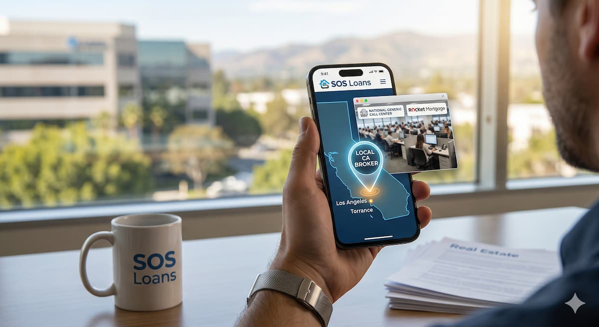 Comparing Rocket Mortgage vs. SOS Loans wholesale refinance speed and local service in California.