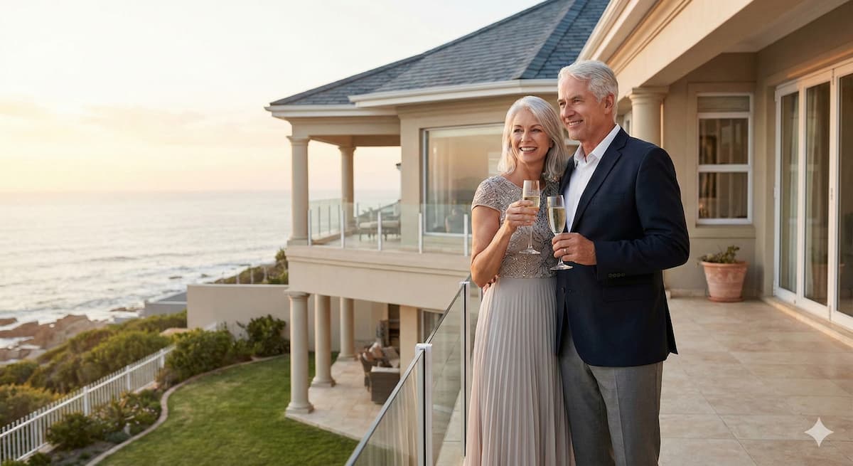 Retired couple enjoying champagne on the balcony of a high-value coastal estate at sunset, representing the financial freedom of a Jumbo Reverse Mortgage.