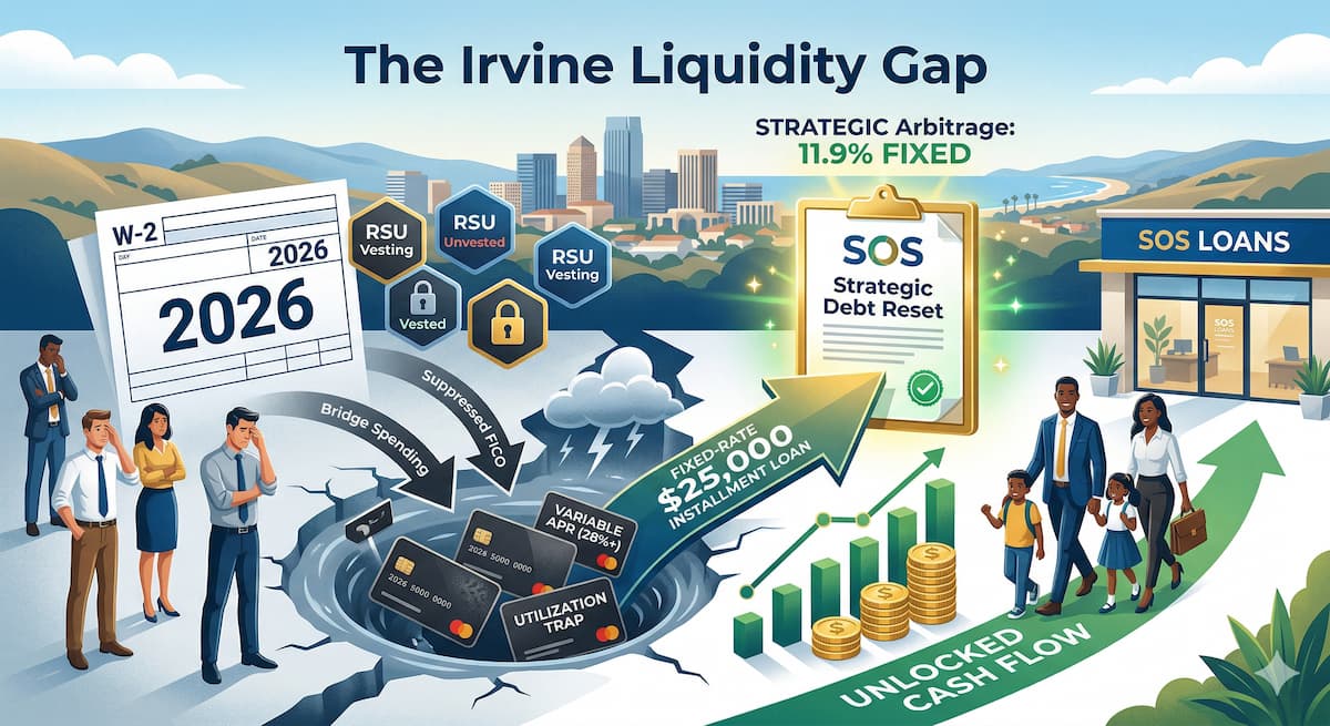 Modern infographic for Irvine pros showing a W-2 form and RSU icons bridging a financial gap over the Irvine Spectrum skyline to a $25,000 SOS Loan.