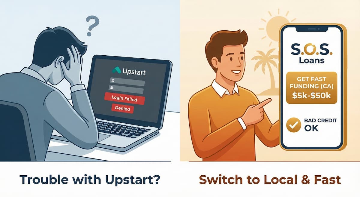 Frustrated borrower facing Upstart login issues vs happy customer getting fast $50,000 personal loan funding from S.O.S. Loans in California