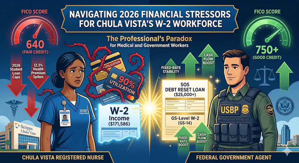 'The Professional’s Paradox' for Medical and Government workers. On the left, a stressed Registered Nurse and a Federal Agent are 'Trapped by Utilization' and a low FICO 640.