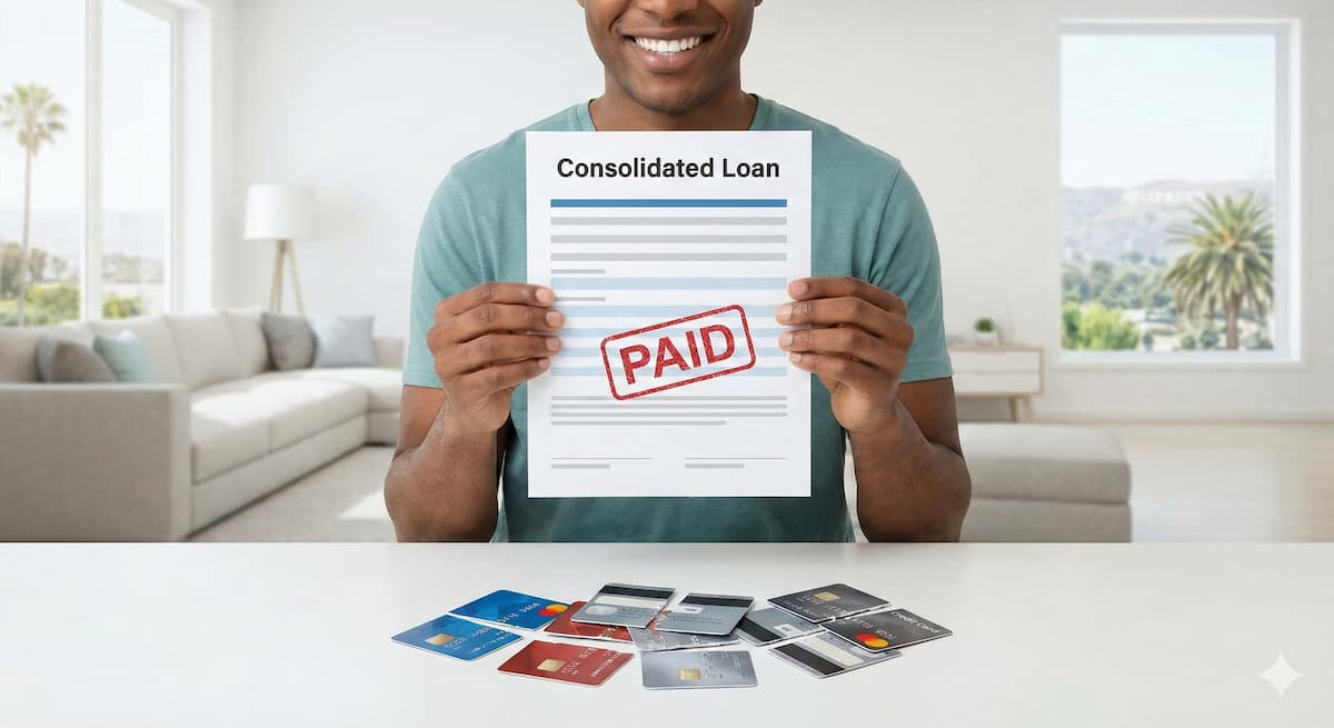 Smiling man holding a paid-off consolidated loan document with cut-up credit cards on the table, representing financial freedom.