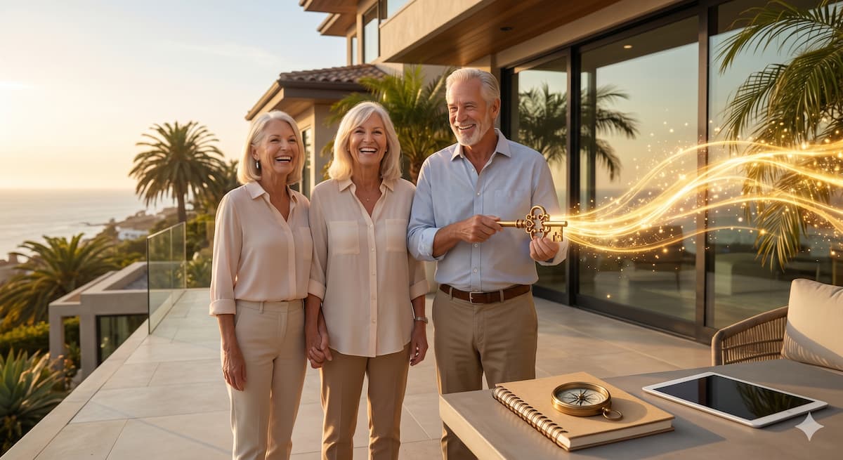 Senior couple on a luxury California coastal balcony holding a golden key with glowing light trails, symbolizing unlocking jumbo reverse mortgage equity.
