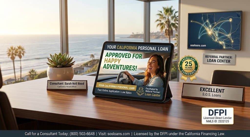 California resident in a sunny driveway holding car keys and a smartphone performing a virtual inspection for a car title loan.