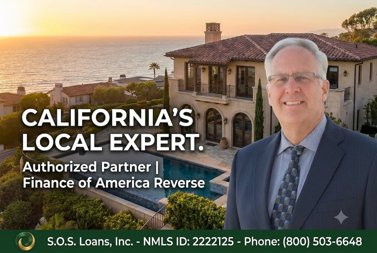 Frank Stiebel, official Finance of America Reverse authorized partner and California local expert, standing before a luxury coastal estate. The bottom edge features a dark green footer banner reading 'S.O.S. Loans, Inc. - NMLS ID: 2222125 - Phone: (800) 503-6648' with the green and gold spiral logo.