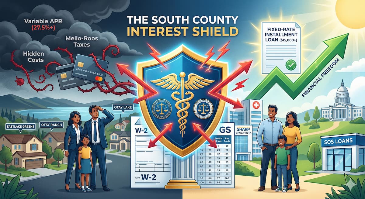 A high-end modern digital infographic illustrating the 'Chula Vista Interest Shield.' The visual is split: on the left, an oppressive suburban landscape with clouds labeled 'Variable APR (27.5%+)