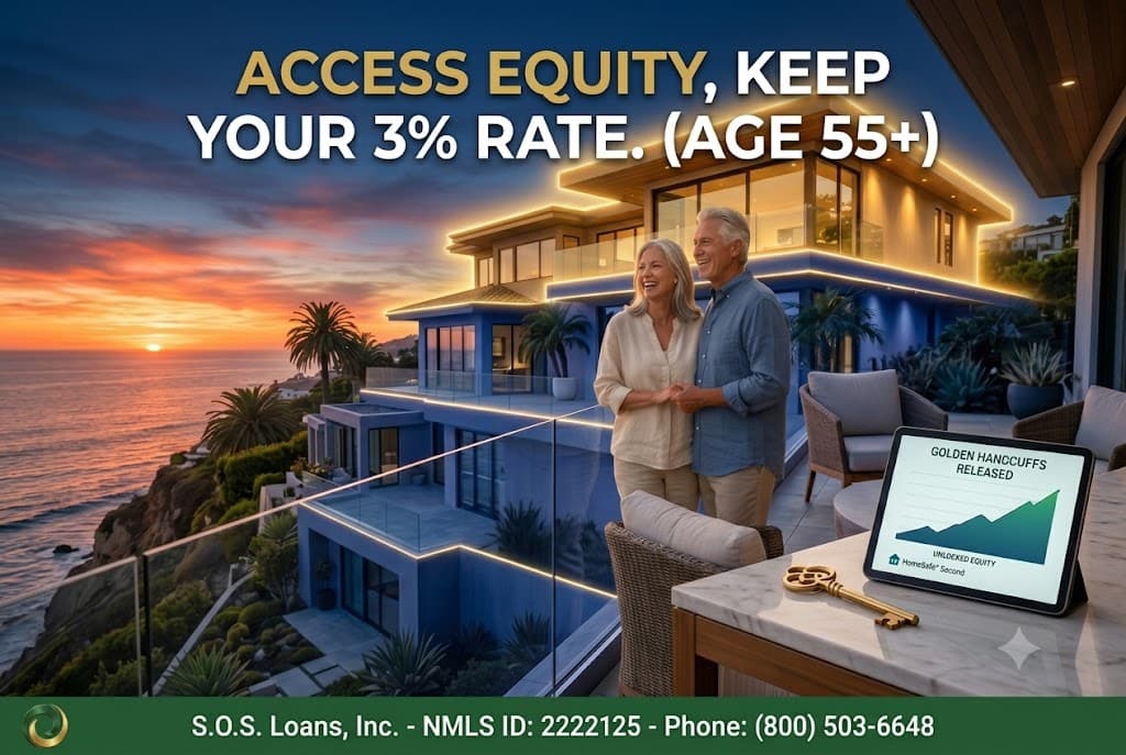 Senior homeowners unlocking California home equity with a HomeSafe Second mortgage layer cake structure on a modern coastal villa at sunset.