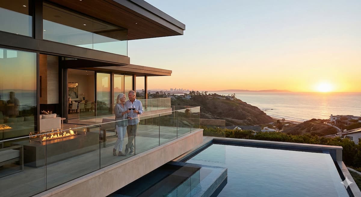 An elegant, older affluent couple standing outside a luxury California coastal home, discussing Jumbo Reverse Mortgage options.