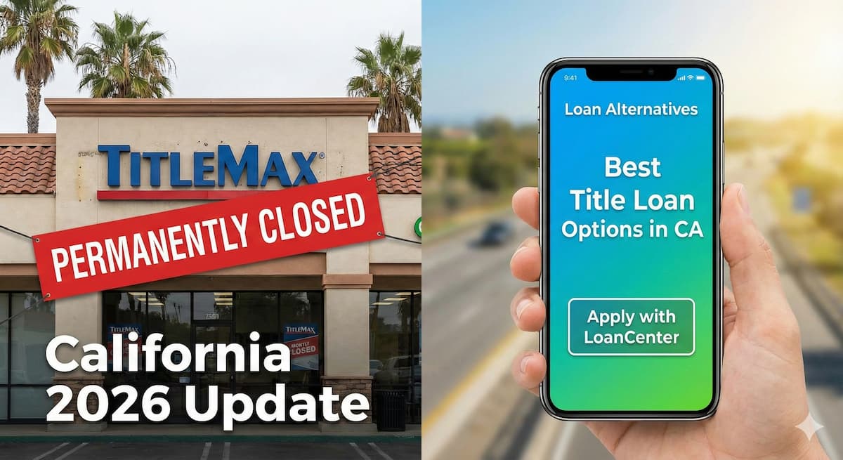 Infographic comparing TitleMax storefront vs online car title loan alternatives in California.
