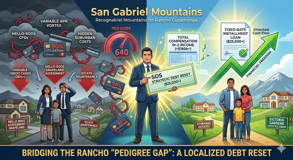 Infographic of Frank Stiebel answering Rancho Cucamonga financial FAQs, featuring logistics, mortgage stress, and credit icons leading to a fixed $30,000 SOS Loan.