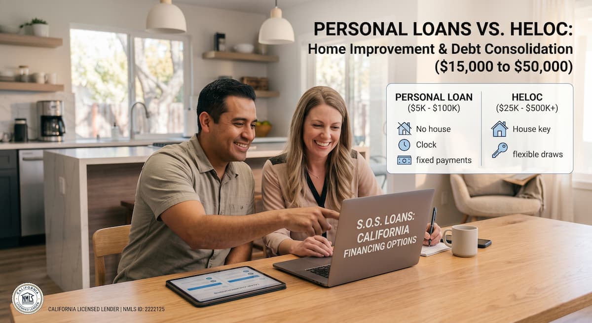 California couple comparing unsecured personal loans and HELOC financing options for home improvement and debt consolidation online.