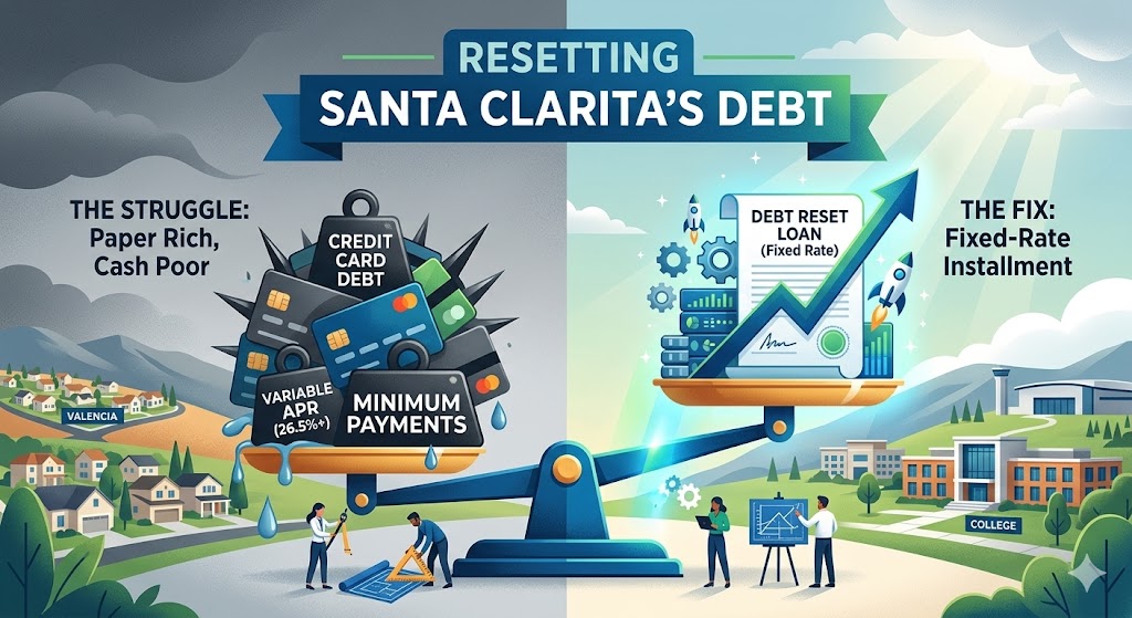 "CREDIT CARD DEBT (Variable APR)" being counterbalanced and "RESET" by a clean, rising "DEBT RESET LOAN" document, stylized gears, and aerospace symbols, with Santa Clarita landmarks .