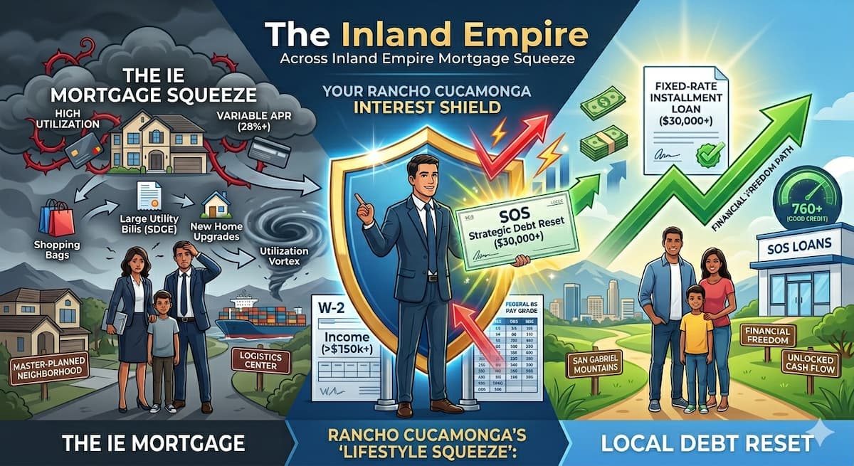 Infographic of Rancho Cucamonga pros showing a mortgage-heavy home under the San Gabriel Mountains anchored by 28% APR debt, freed by a $25,000 SOS Loan and a W-2 Interest Shield.