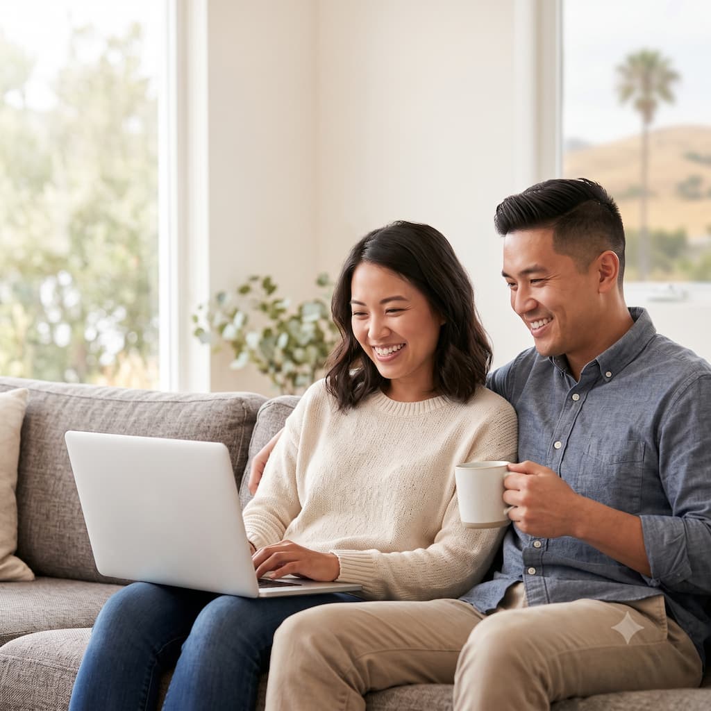 Happy family reviewing finances