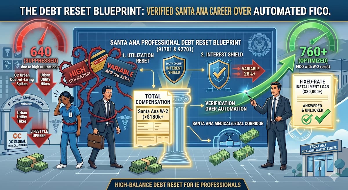 Infographic of Santa Ana medical and legal professionals bridging a 28% APR gap with a W-2 form, leading to a fixed $30,000 SOS Loan and improved credit dial.
