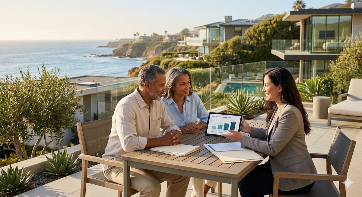 A professional female mortgage broker meets with a modern, professional couple on a luxury patio overlooking the Southern California coastline