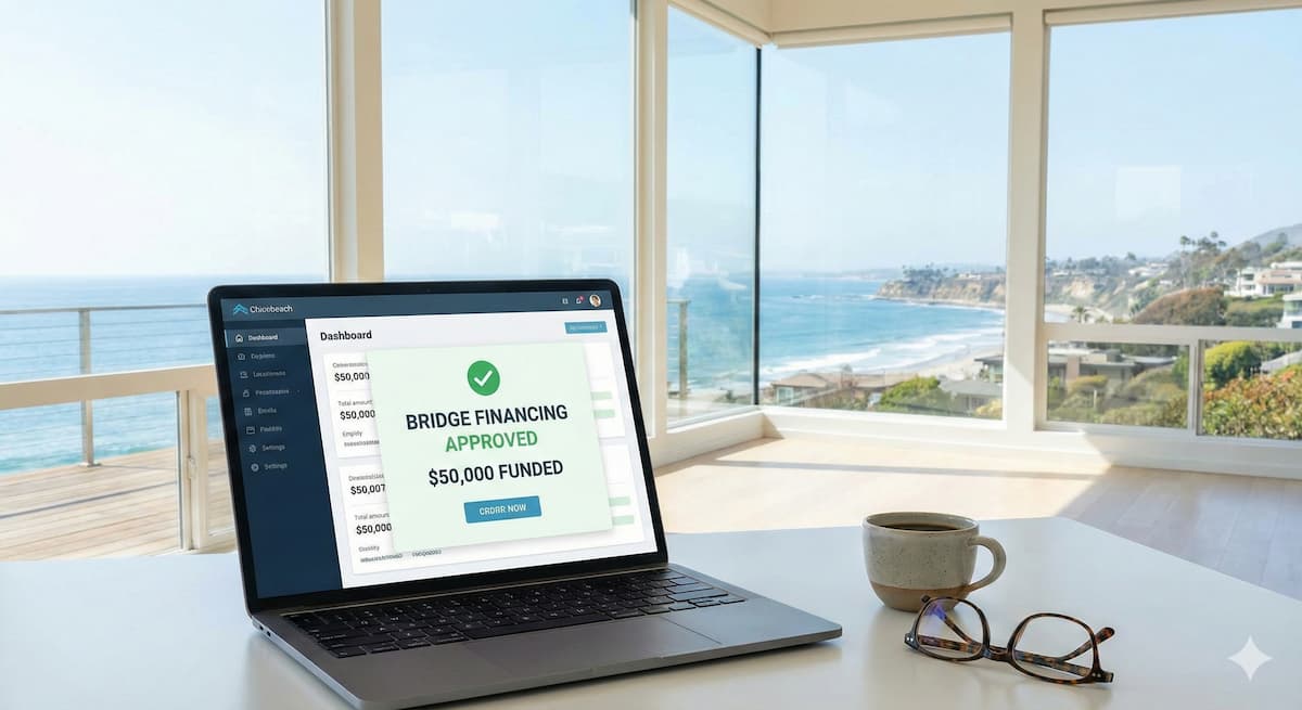 California executive home office laptop with fast personal loan approval on screen for bridge financing