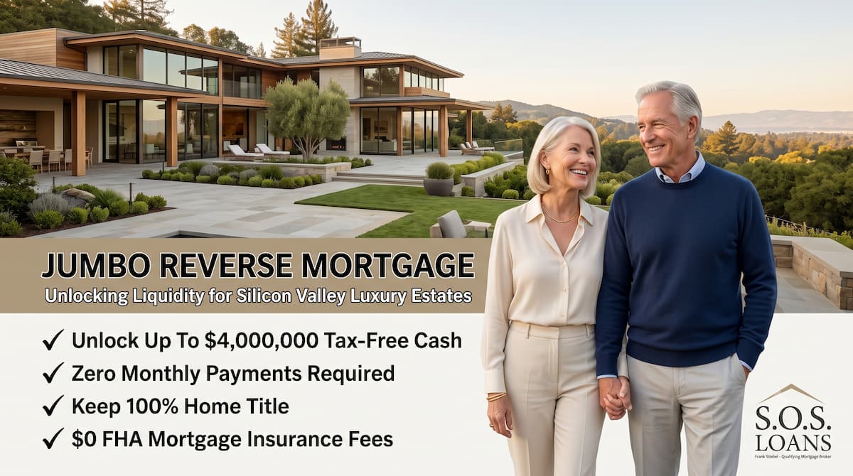 A sophisticated, smiling senior couple enjoys the sunset view from the expansive stone terrace of their modern Silicon Valley luxury estate. Graphic overlay text details Jumbo Reverse Mortgage benefits: unlocking up to $4 million in tax-free cash, zero monthly payments, and preserving 100% home title for Santa Clara County homeowners with properties valued at $3M+.