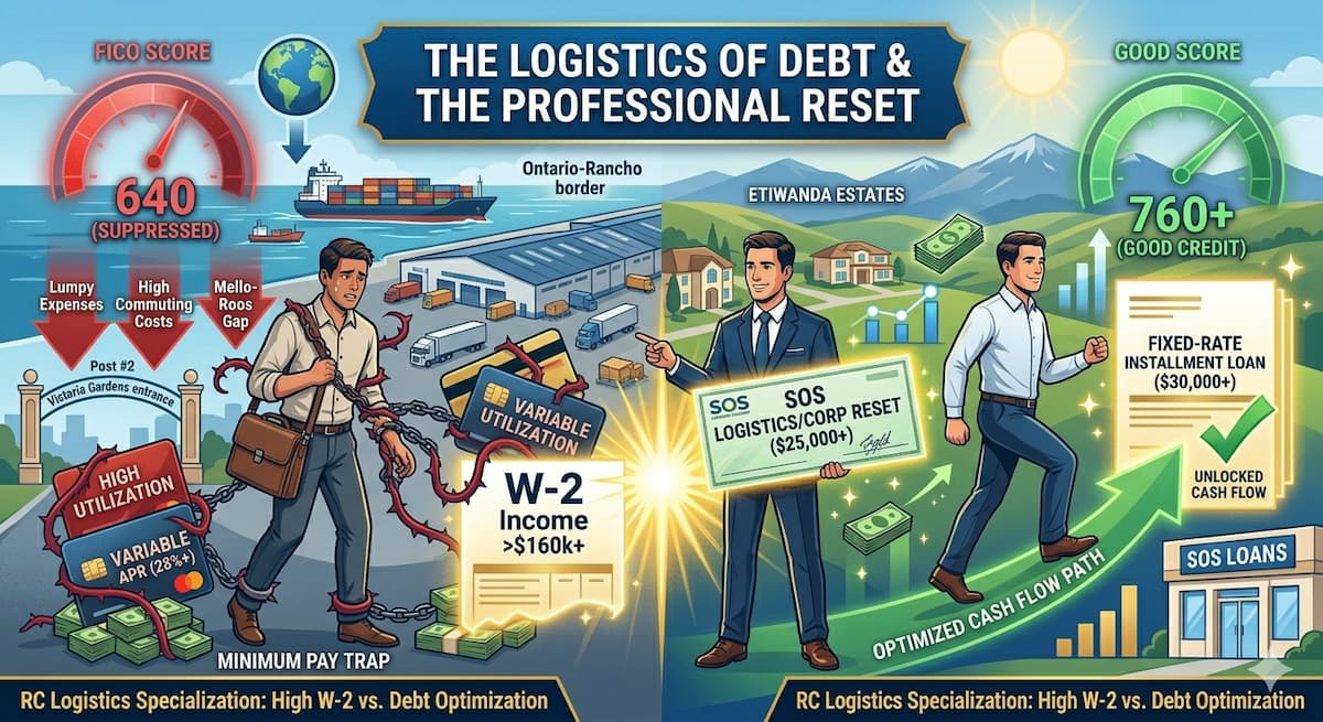 Infographic showing a Rancho professional by logistics hubs and Victoria Gardens, trapped by 28% APR debt. A W-2 form unlocks a fixed $30k SOS Loan and upward cash flow.