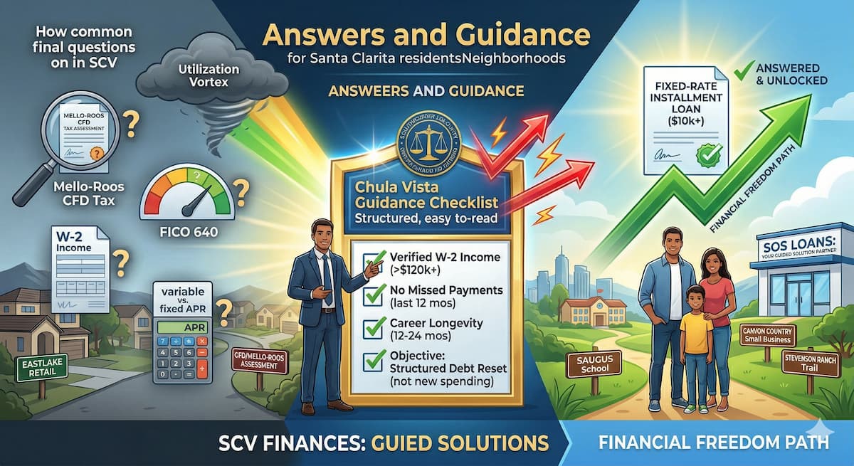 Infographic of Frank Stiebel providing Chula Vista financial guidance checklist, answering floating icons for medical, govt, and Mello-Roos debt in Eastlake/Otay Ranch.