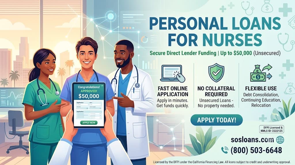 California registered nurse evaluating options for personal loans for nurses on a smartphone between shifts