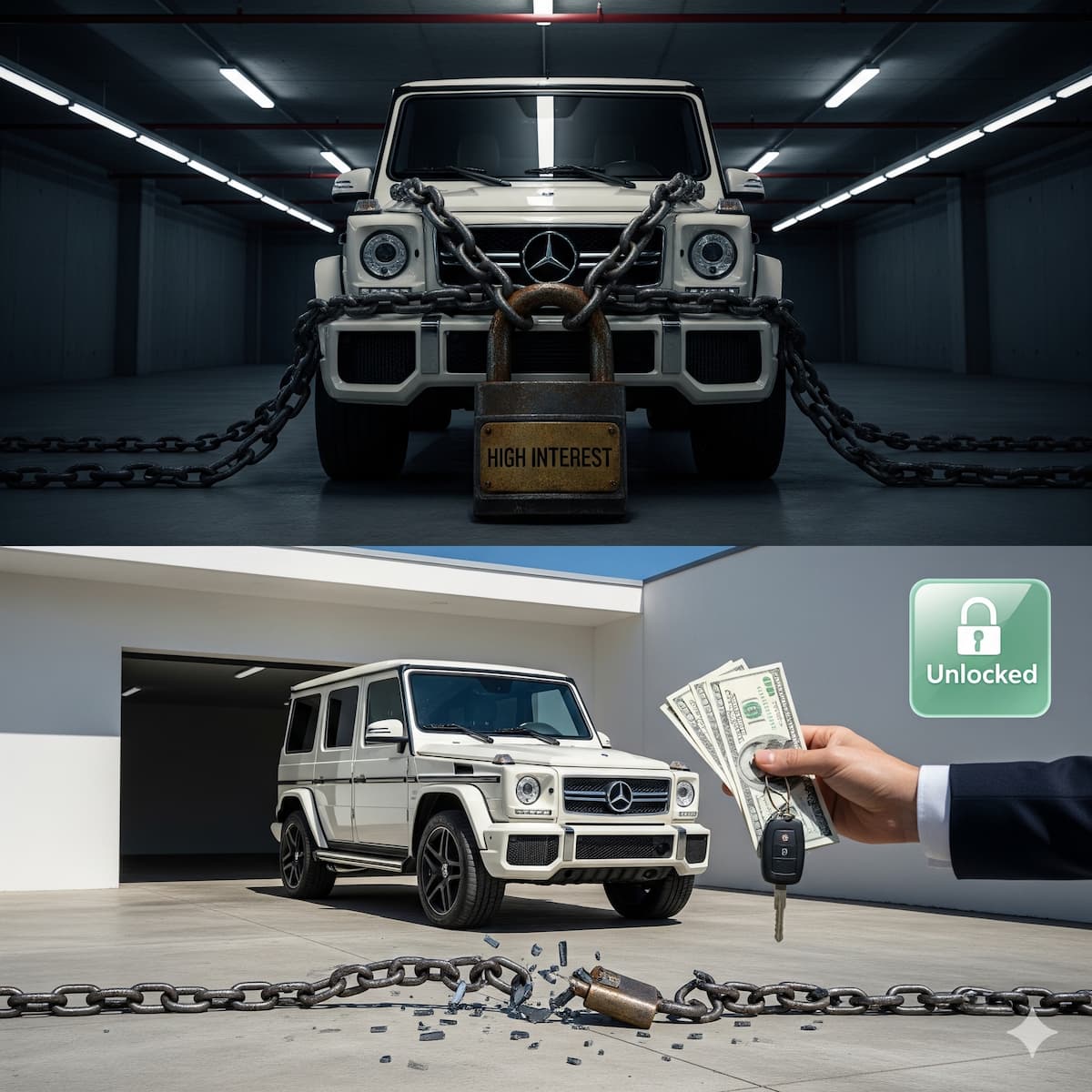 A high-end split-screen cinematic photo showing a luxury car being freed from high-interest debt chains through title loan refinancing, resulting in fast cash and kept keys.