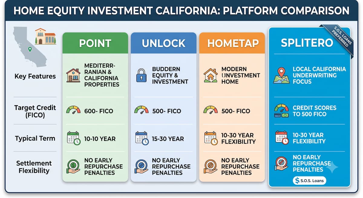 Comparison chart of Home Equity Investment California providers including Point, Unlock, Hometap, and Splitero