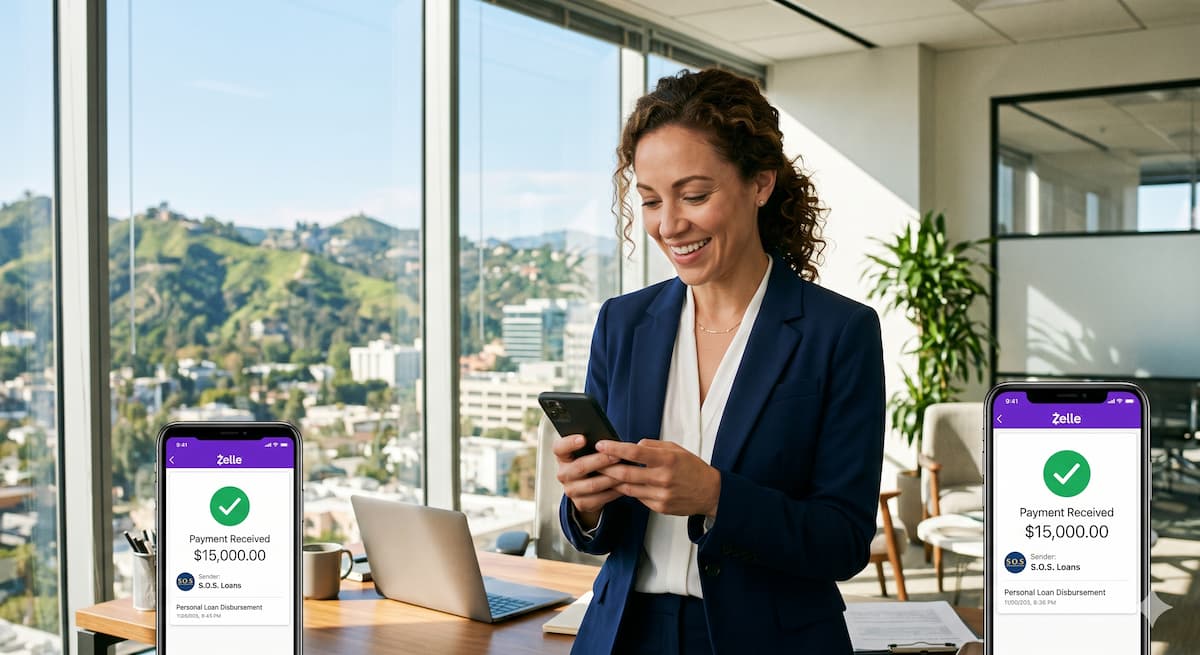 California professional in a sunny Los Angeles office holding a smartphone displaying a $15,000 Zelle personal loan disbursement from S.O.S. Loans with the Hollywood Hills in the background.