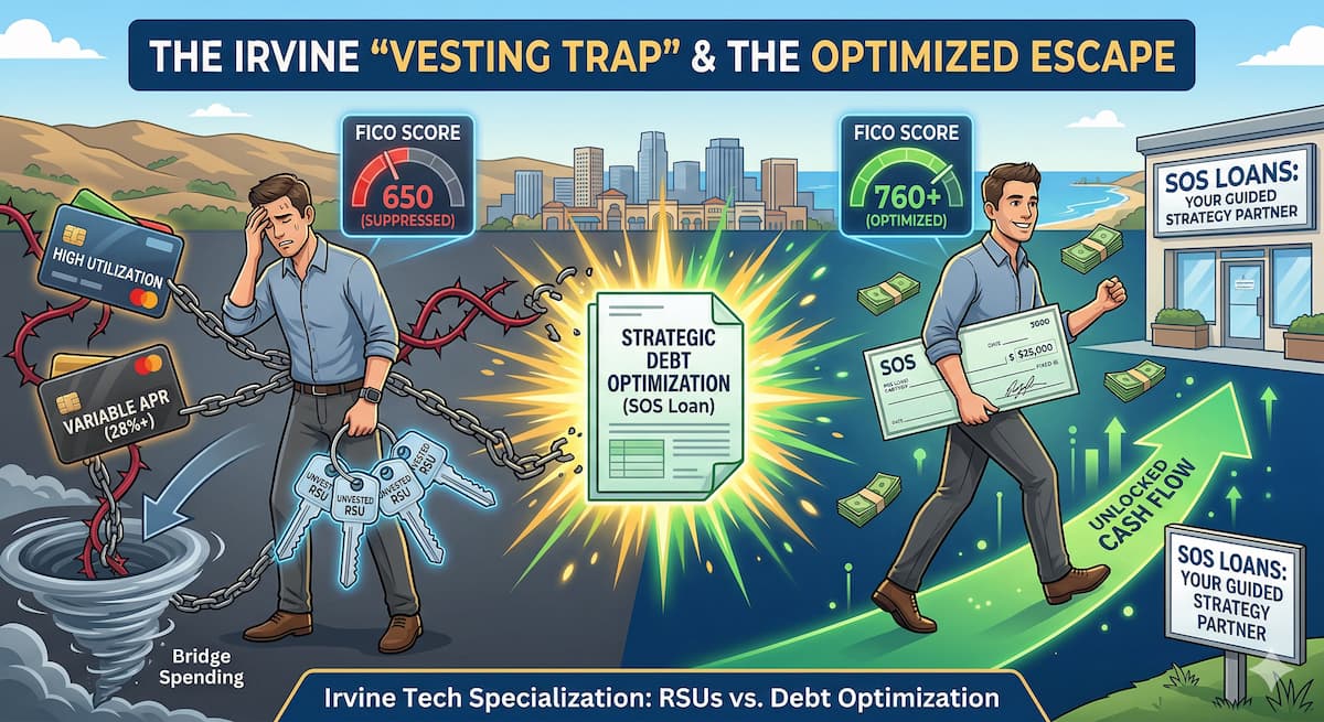 Infographic of stressed Irvine professional holding unvested stock, chained by 28% APR debt. Light from W-2 breaks chains to good credit, $25k fixed SOS Loan, and green cash flow path.