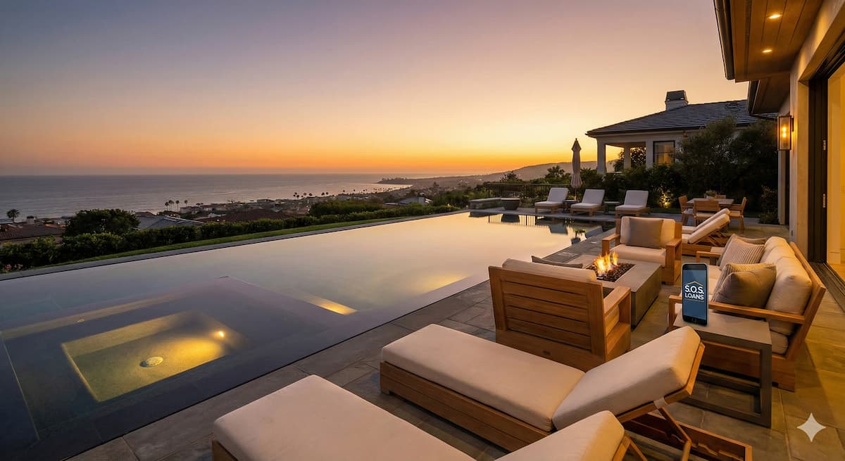 Luxury Newport Beach backyard renovation with infinity pool and modern outdoor furniture representing high-limit personal lifestyle loans