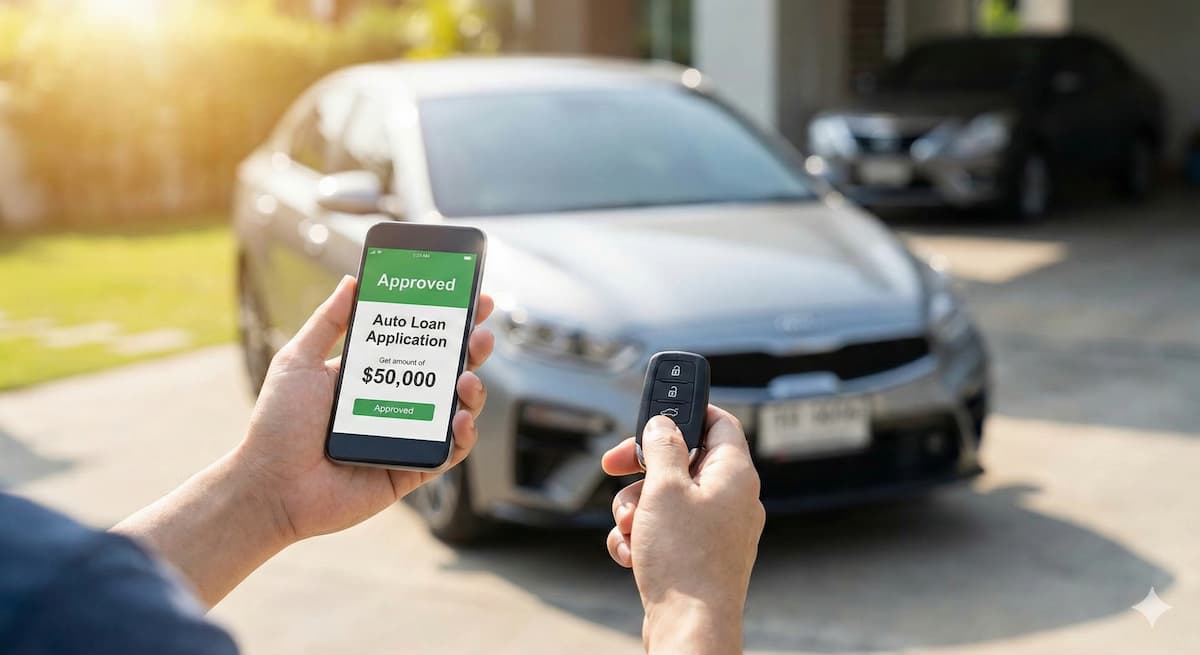 Smartphone showing an approved auto loan application held next to a modern car and key fob, illustrating the 100% online process.