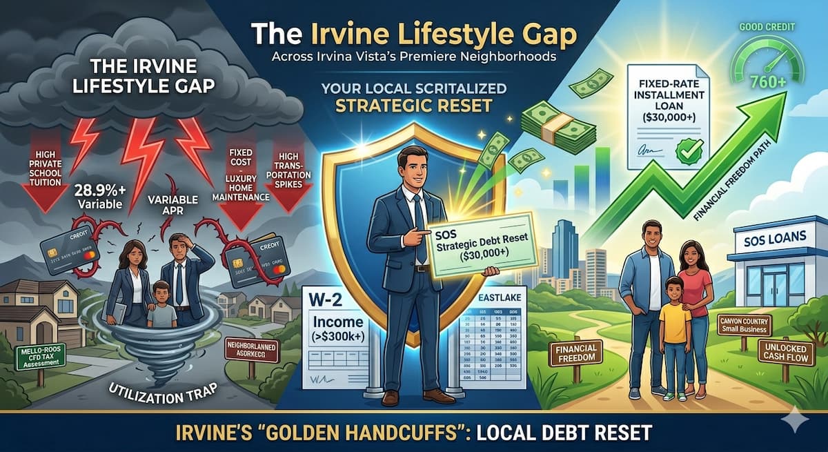 Infographic of Irvine neighborhoods like Turtle Rock and Quail Hill under a "Lifestyle Gap" storm, transitioning to a fixed $30,000 SOS Loan and unlocked cash flow path.