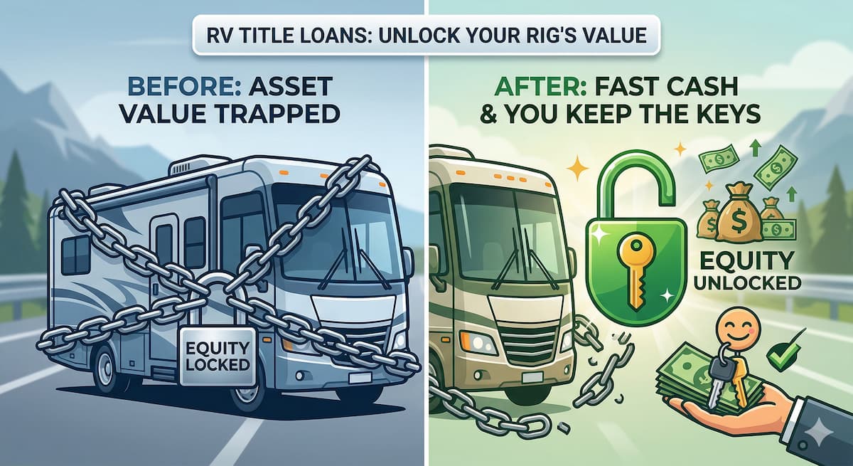 A side-by-side infographic comparing an RV with a chain lock ("Equity Locked") to an RV with a shining green unlock icon ("Equity Unlocked" with cash).