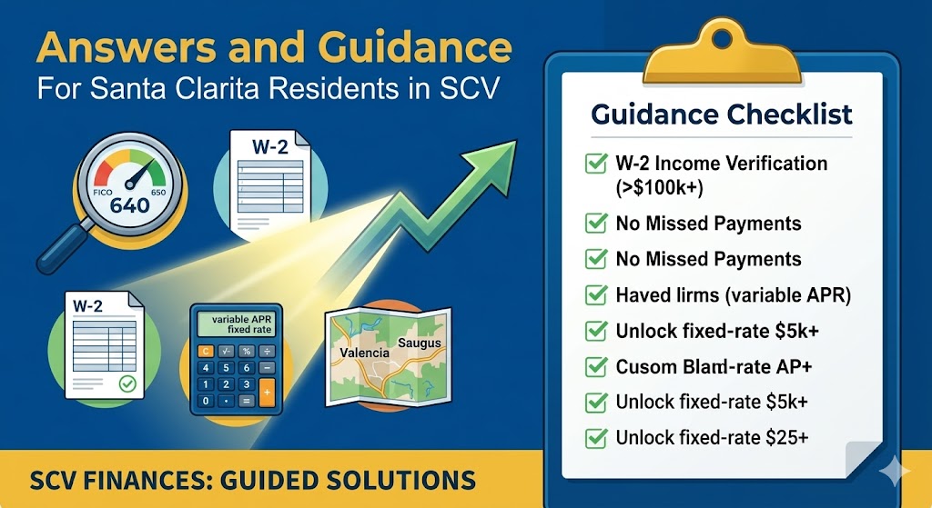 Infographic visualizing 'Answers and Guidance' for Santa Clarita residents. The left side shows floating question icons—a magnifying glass looking at a 'FICO 640', a 'W-2' , a 'variable vs. fixed APR'