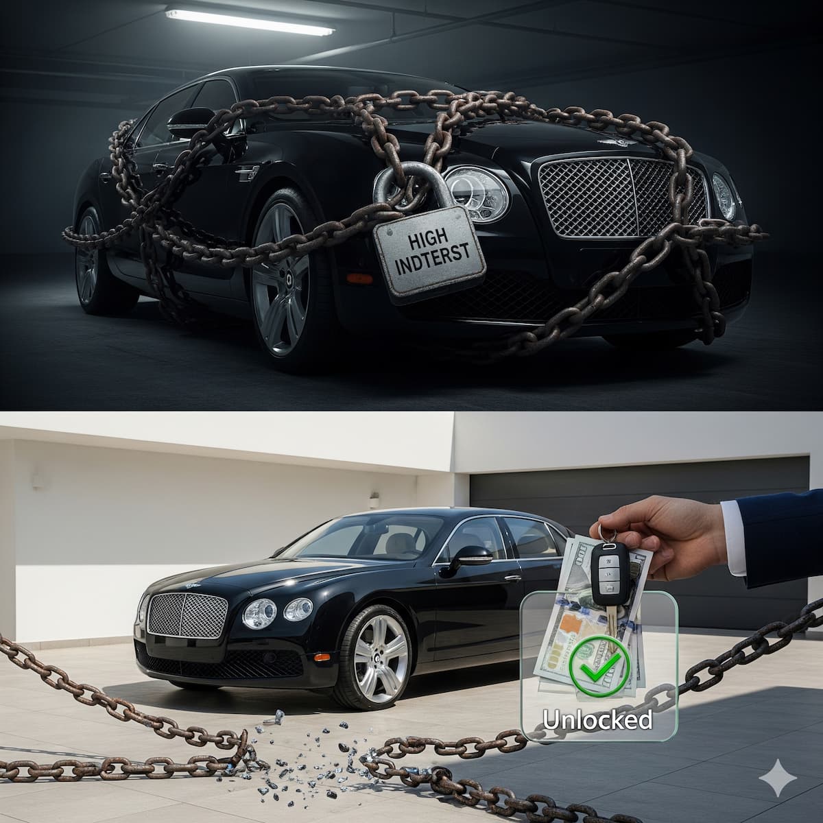 A split-screen comparison showing a luxury Bentley trapped by 'High Interest' debt chains vs the same car freed with cash-in-hand through title loan refinancing.