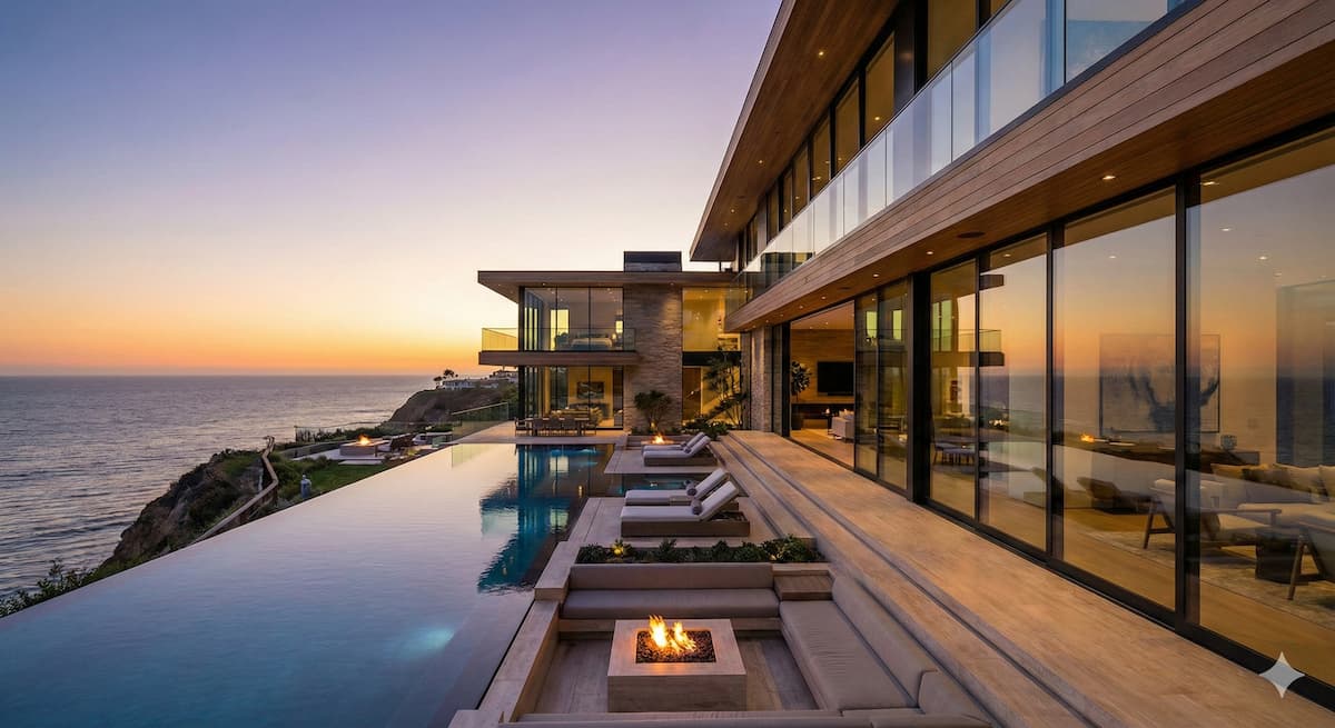 Luxury multi-million dollar coastal California estate with an infinity pool at sunset, representing high-value properties eligible for a California Jumbo Reverse Mortgage to unlock trapped equity.