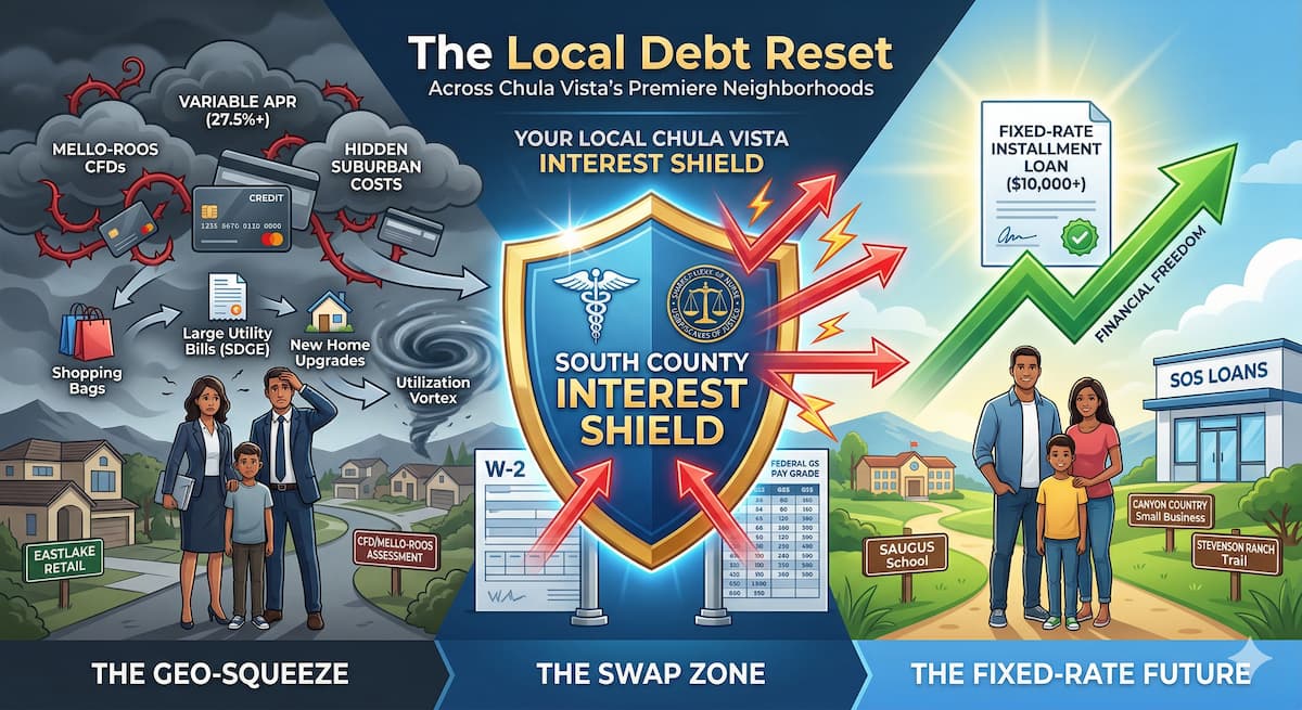 The bottom includes localized callouts with neighborhood names: 'VALENCIA VIBES,' 'CANYON COUNTRY SOLUTIONS,' 'SAUGUS OPPORTUNITY,' 'STEVENSON RANCH RELIEF.